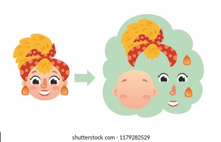  Cute funny girl's faces constructor. Cartoon characters. Illustration for kids 