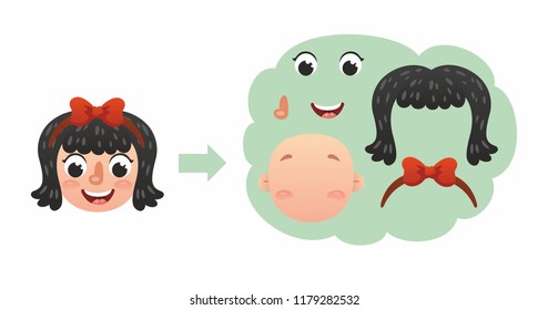  Cute funny girl's faces constructor. Cartoon characters. Illustration for kids 