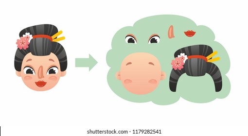  Cute funny girl's faces constructor. Cartoon characters. Illustration for kids 