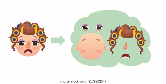  Cute funny girl's faces constructor. Cartoon characters. Illustration for kids 