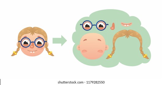  Cute funny girl's faces constructor. Cartoon characters. Illustration for kids 