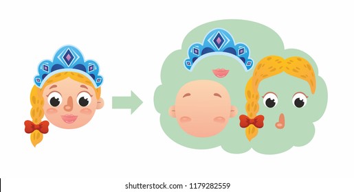  Cute funny girl's faces constructor. Cartoon characters. Illustration for kids 