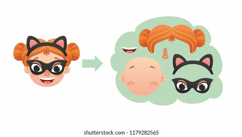  Cute funny girl's faces constructor. Cartoon characters. Illustration for kids 