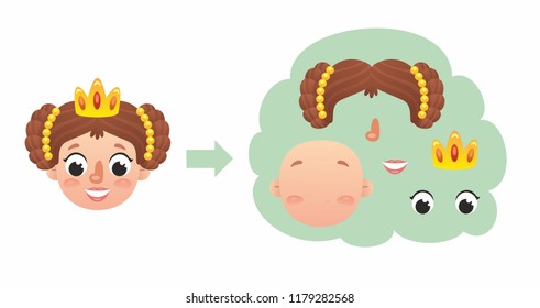  Cute funny girl's faces constructor. Cartoon characters. Illustration for kids 