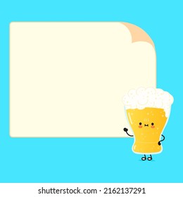Cute funny glass of beer character with speech bubble. Vector hand drawn cartoon kawaii character illustration icon. Isolated on blue background. Happy glass of beer character concept