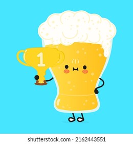 Cute funny glass of beer hold gold trophy cup. Vector hand drawn cartoon kawaii character illustration icon. Isolated on white background. Happy glass of beer with winner trophy cup