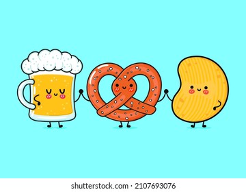 Cute, funny glass of beer, pretzel and chips. Vector hand drawn cartoon kawaii characters, illustration icon. Funny happy cartoon glass of beer, pretzel and chips mascot friends