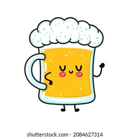 Cute funny glass of beer waving hand character. Vector hand drawn cartoon kawaii character illustration icon. Isolated on white background. Glass of beer character concept