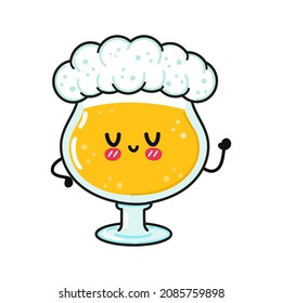 Cute funny glass of beer waving hand character. Vector hand drawn cartoon kawaii character illustration icon. Isolated on white background. Glass of beer character concept