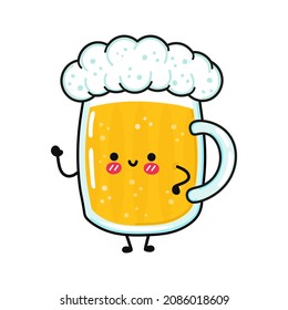 Cute funny glass of beer waving hand character. Vector hand drawn cartoon kawaii character illustration icon. Isolated on white background. Glass of beer character concept