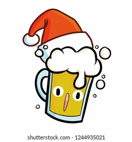 Cute and funny glass of fresh beer wearing Santa's hat for christmas - vector