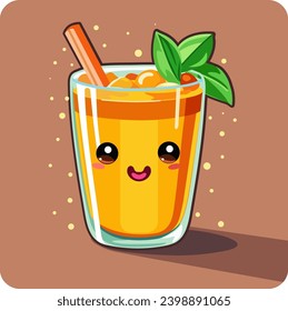 Cute funny glass of juice character. Cartoon kawaii character. Glass of juice character concept. Orange juice with ice. Colored trendy vector illustration icon