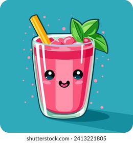 Cute funny glass of juice or a cocktail character. Cartoon kawaii character. Glass of juice character concept. Berry juice or smoothie. Colored trendy vector illustration icon