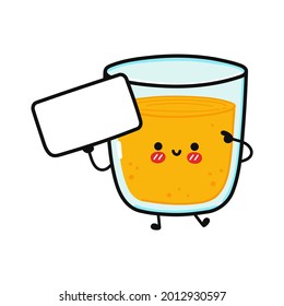 Cute funny glass of juice with poster. Vector hand drawn cartoon kawaii character illustration icon. Isolated on white background. Glass of juice think concept