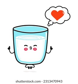 Un lindo vaso de agua haciendo yoga con burbuja de habla. Caricatura dibujada a mano del vector icono de ilustración del personaje kawaii. Aislado sobre fondo blanco. Feliz vaso de agua en el concepto de personaje de amor