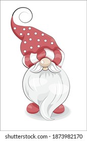 Cute funny gnome with big beard and big cap, picture in hand drawing cartoon style, for t-shirt wear fashion print design, greeting card, postcard. baby shower. party invitation