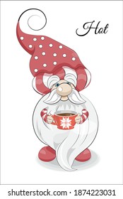 Cute funny gnome with big beard, cap, cup of tea, coffee, picture in hand drawing cartoon style, for t-shirt wear fashion print design, greeting card, postcard. baby shower. party invitation