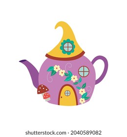 Cute Funny Gnome Or Fairy Toy House In Shape Of Tea Kettle, Flat Cartoon Vector Illustration Isolated On White Background. Fairy Tale Colorful Fancy House.