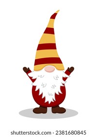 Cute funny gnome with your hands up. Vector cartoon illustration isolated on white.