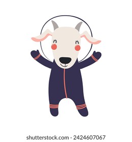 Cute funny goat astronaut in space suit cartoon character illustration. Hand drawn animal, Scandinavian style flat design, isolated vector. Kids print element, space adventure, travel, science