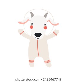 Cute funny goat astronaut in space suit cartoon character illustration. Hand drawn animal, Scandinavian style flat design, isolated vector. Kids print element, space adventure, travel, science