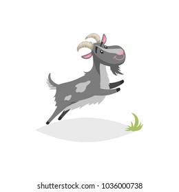 Cute funny goat. Cartoon flat style trendy design farm domestic animal. Spotty grey breeded goat jumping. Vector illustration isolated on white background.