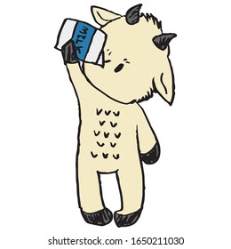 Cute funny goat drinking milk in naive style vector clipart. Alpine baby billy goat with horns. Kawaii funny farm animal illustration . Isolated livestock, allergy alternative doodle. EPS 10. 