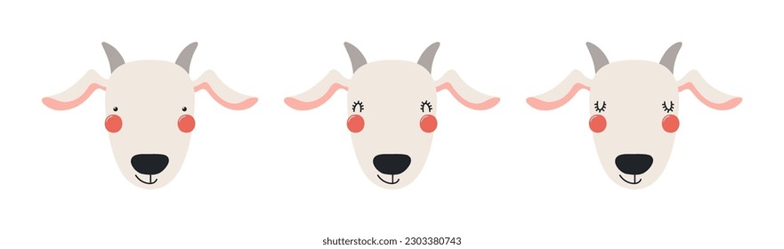Feine, lustige Ziegen Gesichter Illustrationen Set. Handgezeichneter Cartoon-Charakter. Skandinavisches Flachdesign, einzelne Vektorgrafik. Kinderdruckelement, Plakat, Karte, Tierwelt, Natur, Babytiere