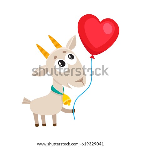 Cute and funny goat holding red heart shaped balloon, cartoon vector illustration isolated on white background. Baby goat holding heart balloon, birthday greeting decoration