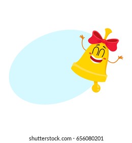 Cute and funny golden school bell character with red ribbon and smiling human face, cartoon vector illustration with space for text. Smiling golden bell with red ribbon character, mascot