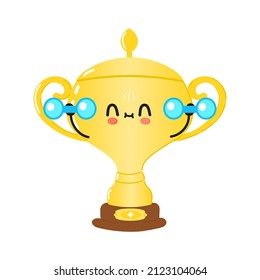 Bonito personaje de la copa de trofeo dorado. Dibujo a mano del vector icono de ilustración kawaii.Fondo blanco aislado. Personaje de la copa trofeo dorado emoji de gimnasio, niño, cara, adorable, niños