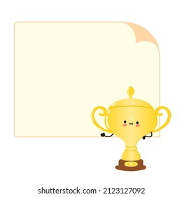 Caricatura divertida de la copa de trofeo dorado con burbuja de habla. Caricatura dibujada a mano del vector icono de ilustración del personaje kawaii.Fondo blanco aislado. Emoji, personaje de la copa trofeo dorado, cara, adorable, niños