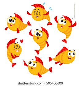 Cute, funny golden, yellow fish characters with human face showing different emotions, cartoon vector illustration isolated on white background.  