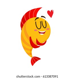 Cute, funny golden, yellow fish character with human face showing love, cartoon vector illustration isolated on white background. Yellow fish character, mascot hugging itself, happy from love