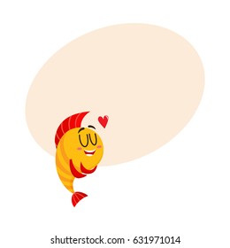 Cute, funny golden, yellow fish character with human face showing love, cartoon vector illustration with space for text. Yellow fish character, mascot hugging itself, happy from love