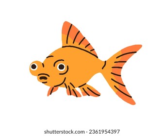 Cute funny goldfish. Little small comic gold fish swimming. Exotic tropical aquarium animal, ornamental fauna. Marine underwater species. Flat vector illustration isolated on white background