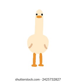 Cute funny goose. Adorable gosling, little farm bird. Feathered baby animal looking in front of it. Countryside poultry. Kids childish flat vector illustration isolated on white background