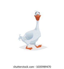 Cute funny goose. Cartoon flat style comic style. Happy domestic farm bird with long neck. Vector illustration isolated on white background.