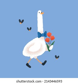 Una gallina de gallina, sosteniendo flores de primavera. Pájaro romántico con corbata de arco, personaje infantil, caminar y llevar ramo. Un caballero de cuento de hadas de ficción infantil. Ilustración portadora plana infantil