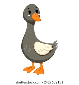 Cute funny goose, happy little gosling. Сute farm animal isolated on white background. Flat vector illustration.