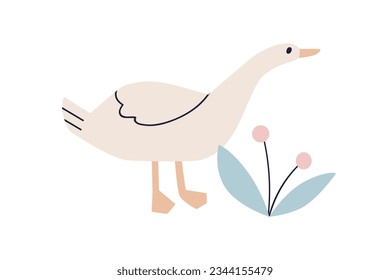 Cute funny goose and plant. Adorable sweet lovely kawaii bird, feathered animal in Scandinavian style. Kids childish nordic Scandi flat vector illustration isolated on white background