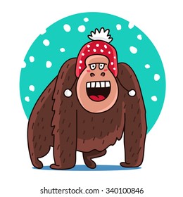 Cute and funny gorilla in a red cap on a blue background. Vector illustration drawn by hand.