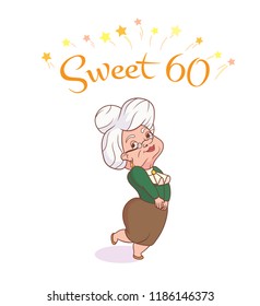 Cute funny grandmother. Happy Birthday sixty 60 year greeting card. Vector illustration on white background.