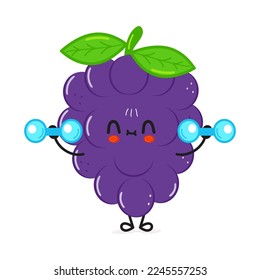 Cute funny grape character with dumbbells. Vector hand drawn cartoon kawaii character illustration icon. Isolated on white background. Happy grape character gym concept