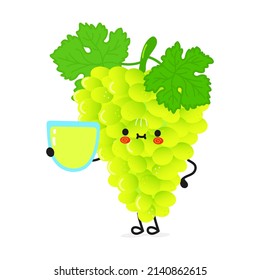 Cute funny grape character with glass of juice. Vector hand drawn cartoon kawaii character illustration icon. Isolated white background. grape character emoji,child,face,kids,cartoon,adorable,kawaii