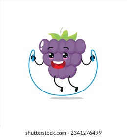 Cute and funny grape doing jumping rope. fruit doing fitness or sports exercises. Happy character working out vector illustration.