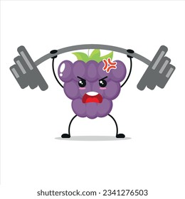 Cute and funny grape doing weightlifting. fruit doing fitness or sports exercises. Happy character working out vector illustration.