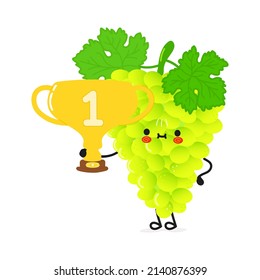 Cute funny grape hold gold trophy cup.Vector hand drawn cartoon kawaii character illustration icon.Isolated on white background. grape with winner trophy cup,emoji,child,face,adorable,kids concept