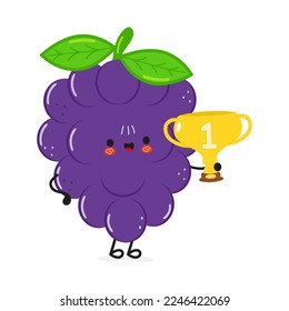 Feine, komische Trauben halten goldene Trophäe. Vektorhandgezeichnete Cartoons kawaii Zeichentricksymbol. Einzeln auf weißem Hintergrund. Fröhliche Traube mit Gewinner-Trophäe