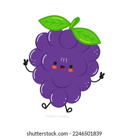 Cute funny grape jump character. Vector hand drawn cartoon kawaii character illustration icon. Isolated on white background. Grape character concept